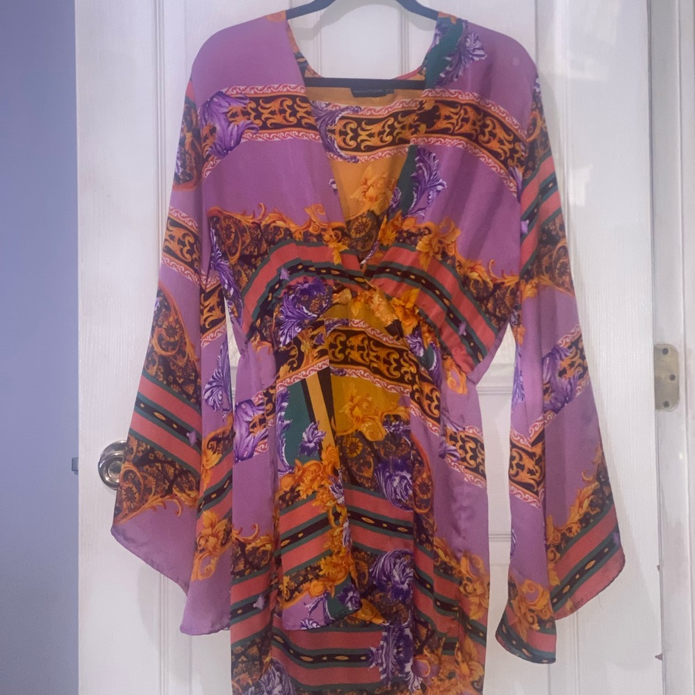 PLT Purple & Gold Mini Wrap Dress